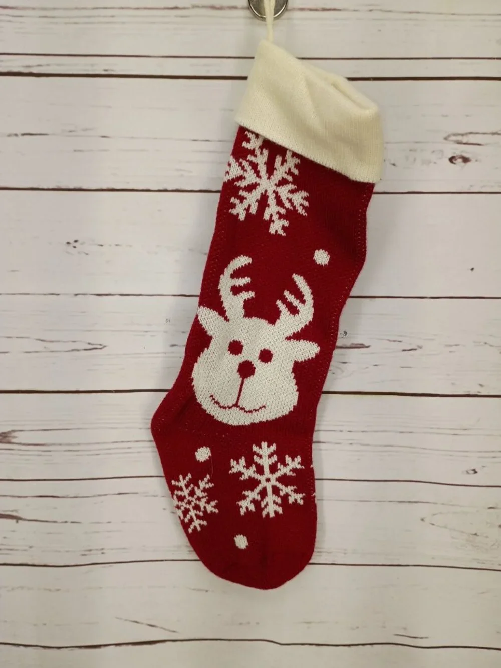 Red Knit Christmas Stocking With Reindeer & Snowflake Design - Holiday Decoratio